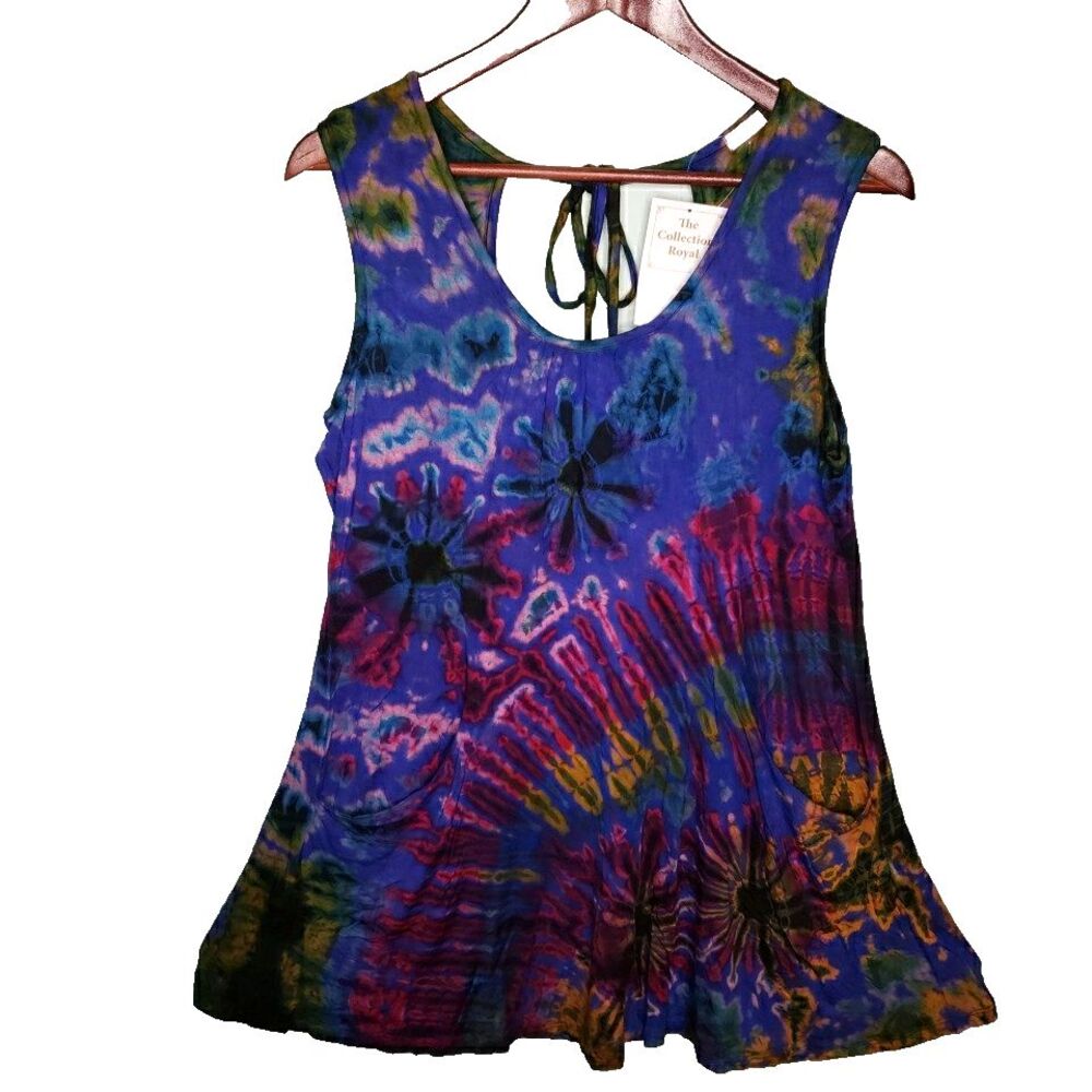Tie Dye Sleeveless Sun Dress Pockets Summer Casual Loose Beach Cover Up Large XL - Picture 2 of 15